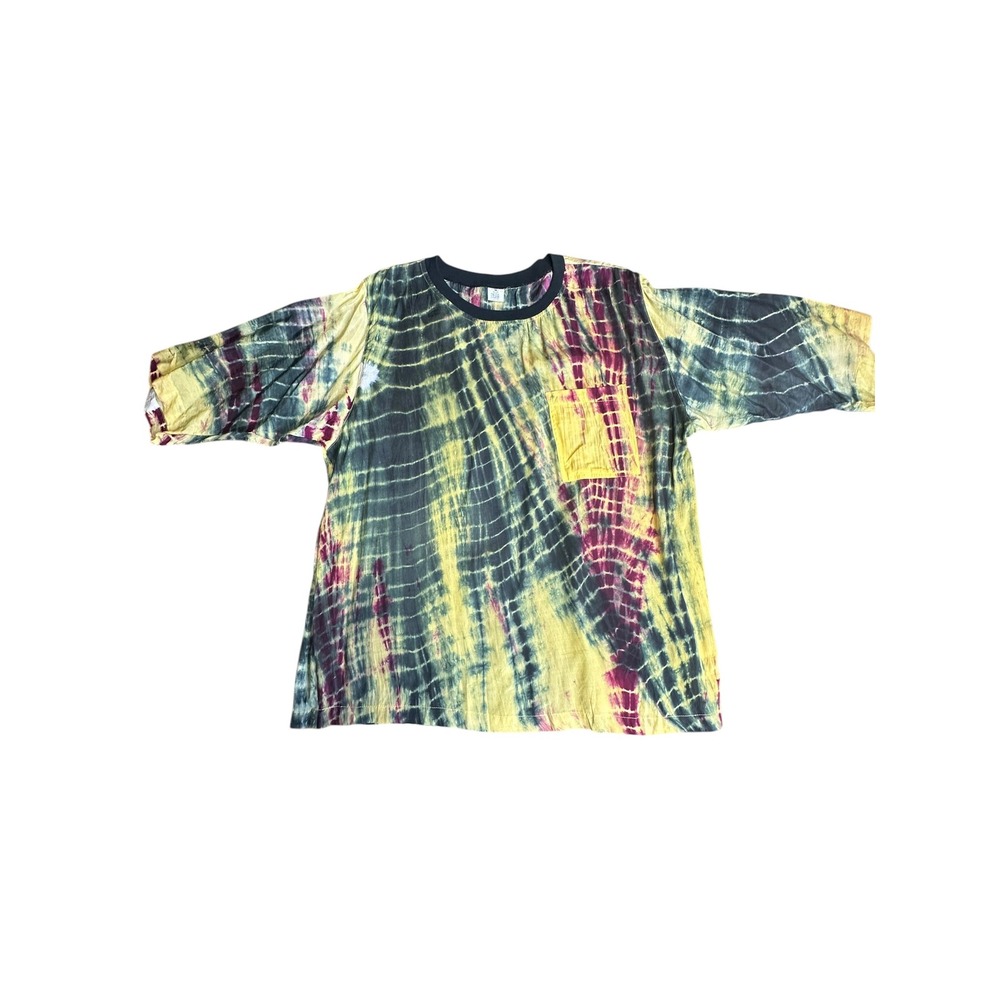 Vintage 90s Tie Dye T-Shirt Women Medium Yellow Green Viscose Boxy Pocket Tee